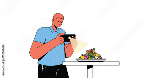 Illustration of a man photographing a culinary creation with his smartphone, capturing the art of food presentation for social media sharing online