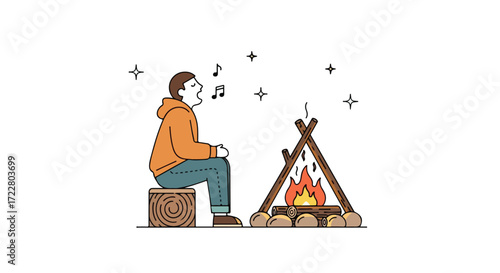 Lone serenader's night by the campfire: a vector artwork of a boy singing next to a campfire in the darkness of the forest