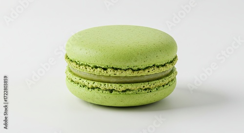A single green macaron cookie on a white background.