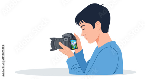 Focused photographer reviewing images on digital camera screen in studio setting illustration with blank background ready for creative integration