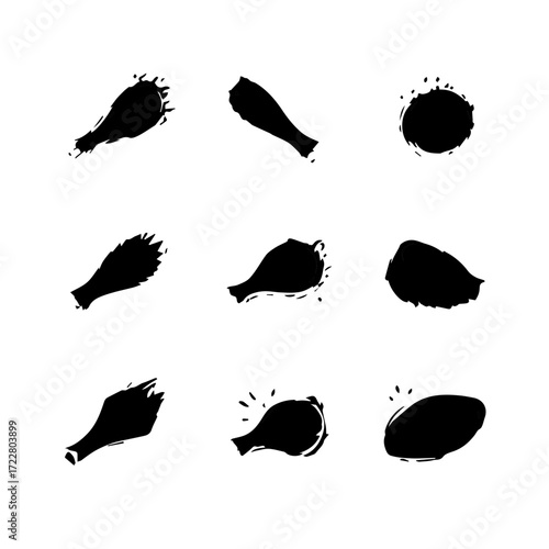 Nine black ink drawings of chicken drumsticks and one circle arranged in a three by three grid format