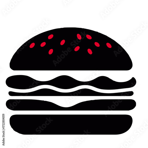 Illustration of a black burger with red seeds on top bun and wavy white filling on white background