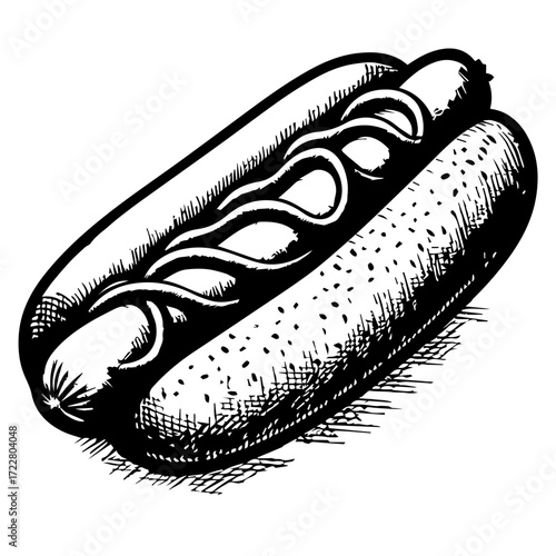 A detailed black and white drawing of a hotdog with mustard in a bun with crosshatching details