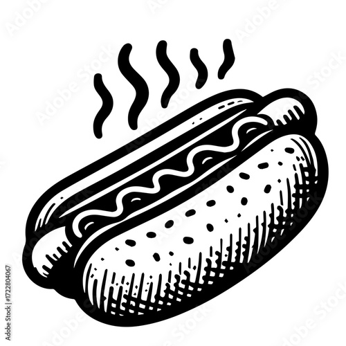 Illustration of a steaming hot dog with mustard in a bun, presented in black and white line art style