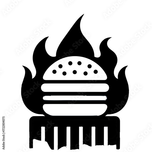 Black and white graphic of a burger with flames on a grill with a simple and modern design style