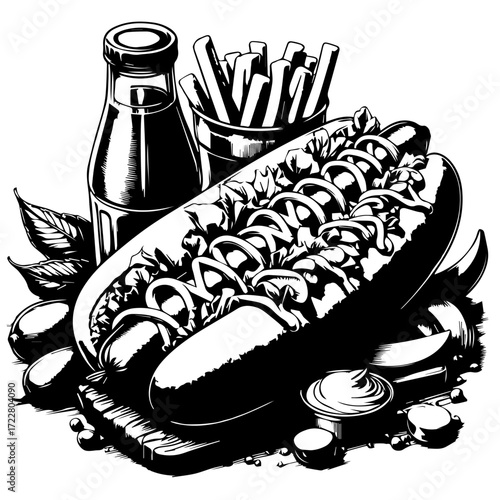 Illustration of a hotdog with toppings, fries, and a bottle on a wooden board in black and white