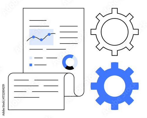 Data report featuring charts, graphs, and text, accompanied by gear icons. Ideal for analytics, process improvement, technology, data science, business workflow simple flat metaphor