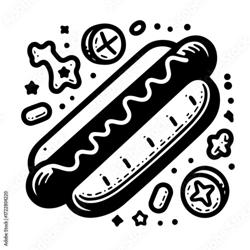 Black and white illustration of a hotdog with mustard and various toppings in a doodle style design