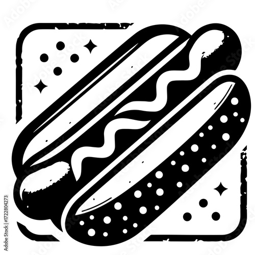 Illustration of a hot dog with mustard and toppings in a stylized black and white design style image