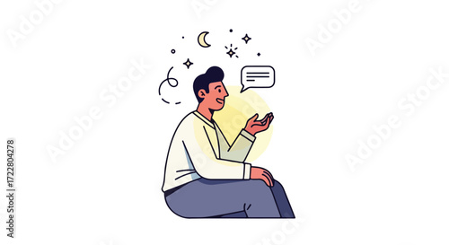 Illustration of a thoughtful man contemplating innovative concepts and exploring creative imagination under the celestial night sky