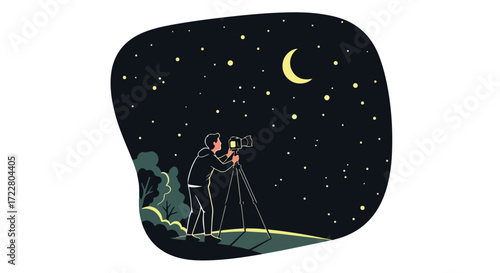 Illustrative vector art: Photographer capturing the night sky with crescent moon and stars photography scenery under exposed for travel tourism