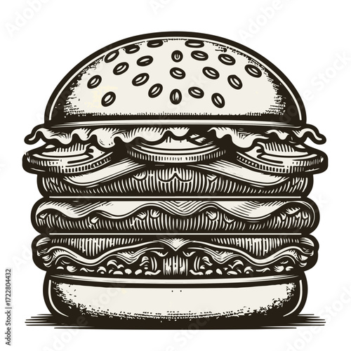 Detailed monochrome drawing of a tall burger with sesame seeds and multiple layers of ingredients