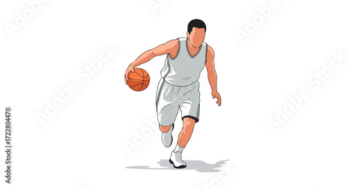 Dynamic digital illustration depicting a basketball player dribbling the ball with intense focus and determination on a white background