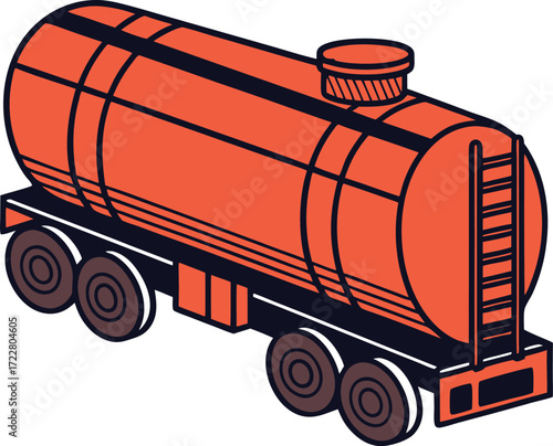 Illustration of a large orange tanker truck with a ladder and multiple wheels, isolated on a