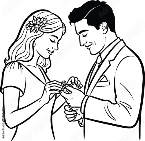 Bride and groom exchanging wedding rings in a romantic black and white scene on transparent background