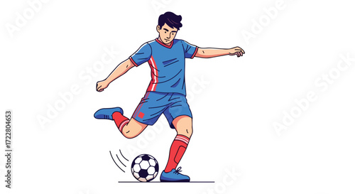 Energetic soccer player in motion illustration for sports content and athletic themes showcasing dynamic play and skillful kick action during