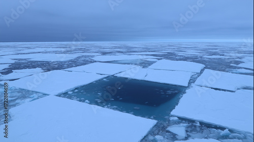 Fotografía A vast Antarctic glacier with a massive, geometric blue void in the ice, under a troubled, melancholic sky