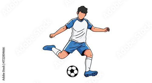 Dynamic illustration of a faceless soccer player kicking a ball with power on a white background showing skill and action highlighting a sportsman
