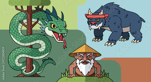 Mythical Creatures - Dragon, Oni, and Wise Man Illustration.