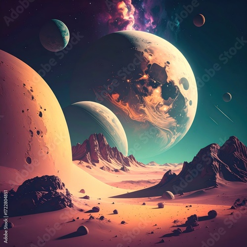 Surreal, cosmic landscape with towering planets and reddish terrain, beneath a swirling, colorful galaxy. Warm light casts shadows across the scene