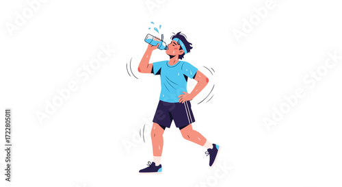Refreshing Hydration: A Cartoon Athlete's Moment of Thirst Quenching After an Energetic Workout