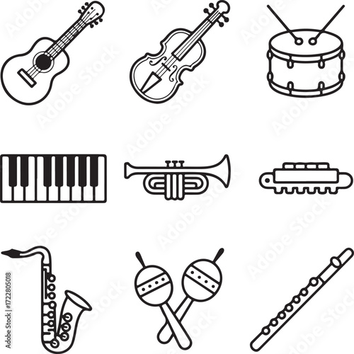 Black and white line art icons of nine musical instruments guitar violin 1