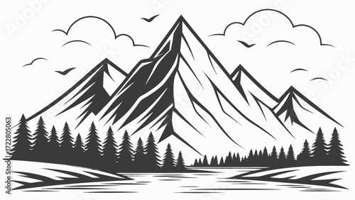 Vector art of stylized black and white illustration of majestic mountain peaks with pine trees and a calm lake reflecting the scene under a cloudy sky with birds flying