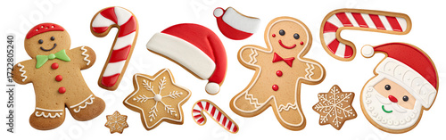 Assorted Christmas-themed gingerbread cookies decorated as Santa, candy canes, stars, and gingerbread men on transparent background.
