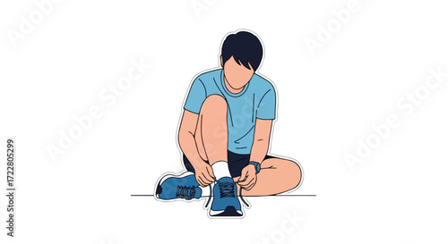 Minimalist illustration of a young man tying his shoelaces before a workout session showcasing preparation and focus on fitness routines