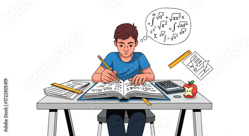 Student overwhelmed by complex mathematical problems struggles with schoolwork on a cluttered desk filled with papers, tools, and an apple snack