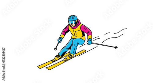 Dynamic downhill skiing artwork showcasing vibrant colors and energetic motion graphic style illustration on a white backdrop