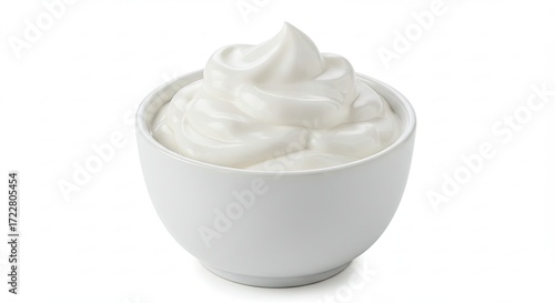 Creamy White Yogurt in a Simple White Bowl Isolated on White Background.