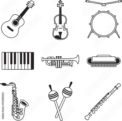 Black and white line art icons of nine musical instruments guitar violin