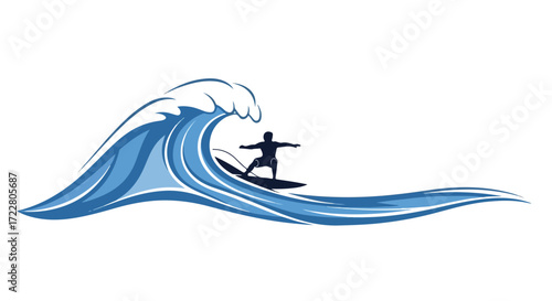 Stylized surfing illustration capturing the energy of ocean waves and a surfer's silhouette against a clean white backdrop