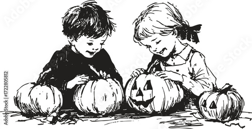Children carving pumpkins illustration in vintage black and white sketchy style. Nostalgic Halloween artwork for cards, posters.