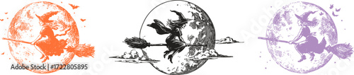 Set of witches flying on broomsticks in vintage line art style with moon background. Halloween spooky illustration in orange, black and purple colors.