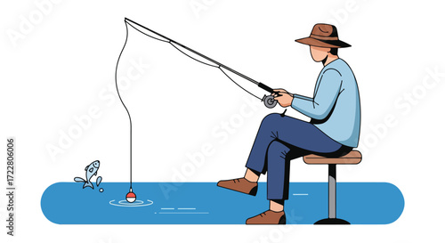 Leisurely lakeside: Man fishing, a moment of serene waterside recreation and simple cartoon style vector depicting a fisherman with his rod and