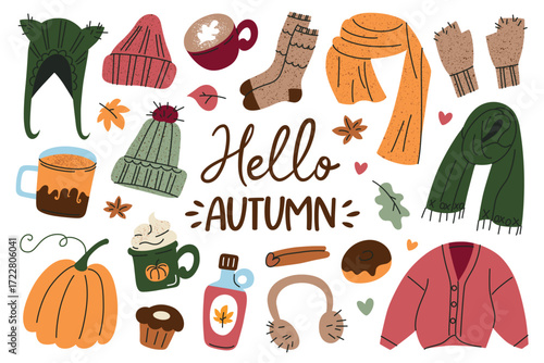 Collection of cozy autumn elements with pumpkin, coffee cups, scarves, hats, socks, and fall leaves, flat cartoon vector illustrations for seasonal design, greeting cards, posters and decoration set