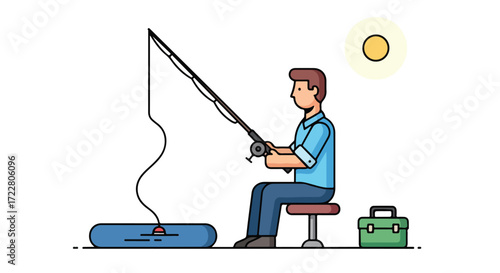 Cartoon illustration of a fisherman sitting and fishing under the sun enjoying summer days on a relaxing afternoon away from the city for vacation