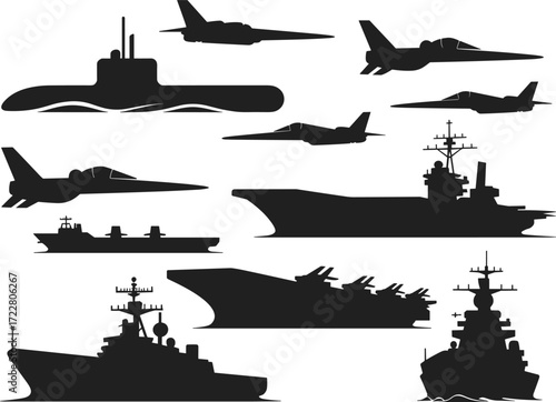 Military warship submarine aircraft carrier fighter jet silhouette, navy defense fleet aviation battle vessel illustration, cad drawing flat vector illustration