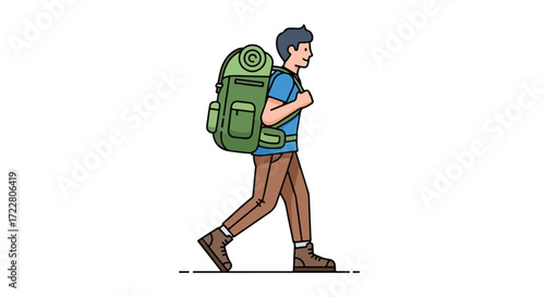 Animated traveler trekking with oversized rucksack, conveying adventure and outdoor spirit, illustrating a solo journey or exploring the wilderness