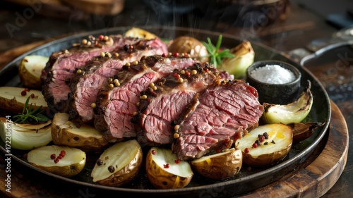 Smoked beef chuck sliced medium-rare on cast iron platter with roasted potatoes, colorful peppercorns and fresh herb garnish for gourmet dining