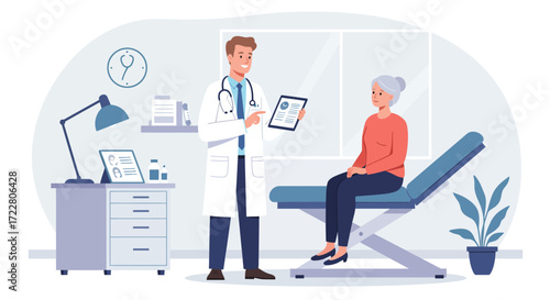 Vector design of doctor consulting patient in modern clinic, healthcare concep