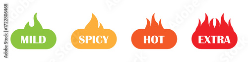 Spice level icon. Spicy food indicator label containing mild, hot, and extra symbol. Transparent vector and PNG