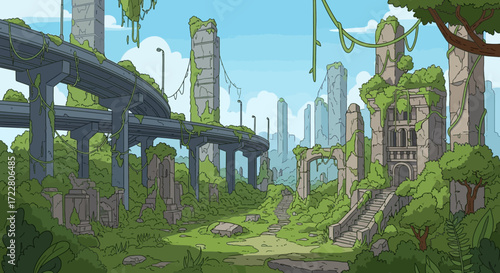 Overgrown City Ruins with Lush Vegetation and Crumbling Architecture.