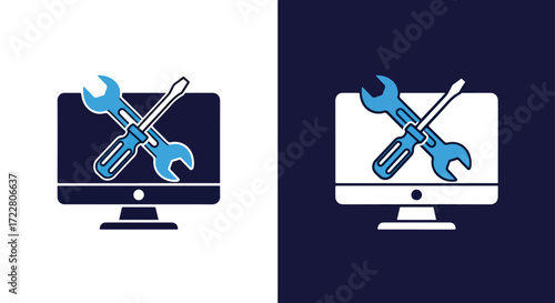Computer repair and maintenance icon with tools for technical support and it services