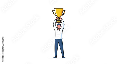 Illustrative depiction of an individual victoriously hoisting a golden trophy symbolizing achievement and triumph for reaching goals
