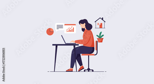 Vector flat icon of person using laptop, work from home concept