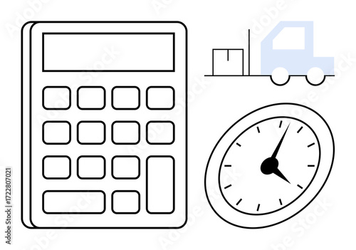 Calculator, analog clock, and delivery truck outline convey efficiency, logistics, time tracking, and cost calculation. Ideal for logistics, business planning, cost estimation time management