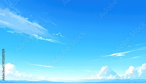 A serene, wide-angle view of a clear, light blue sky filled with scattered, puffy, white clouds, fading into a horizon